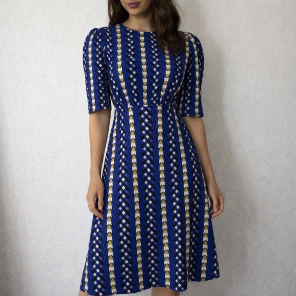Anthropologie‎ The Odells Marjorie Blue Geometric Midi Dress Puff Sleeve XS NWT